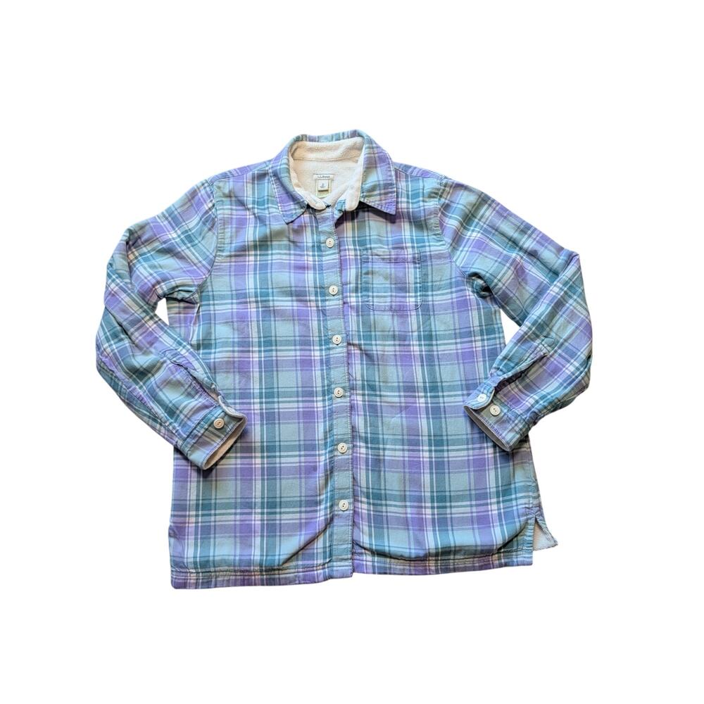 L.L.Bean Women's Shirt Jacket Size Medium Blue Purple Plaid Sherpa Lined Flannel
